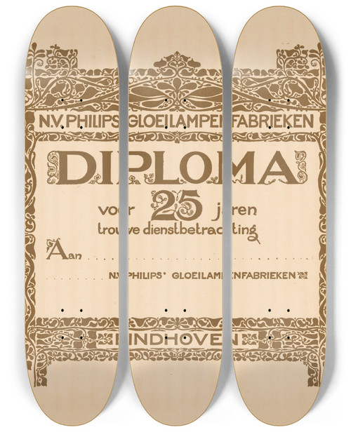 Triptych art skateboard deck of Theo Nieuwenhuis Diploma Voor Vijfentwintig Jaar Dienst Bij Philips by Theo Nieuwenhuis (1866-1951)