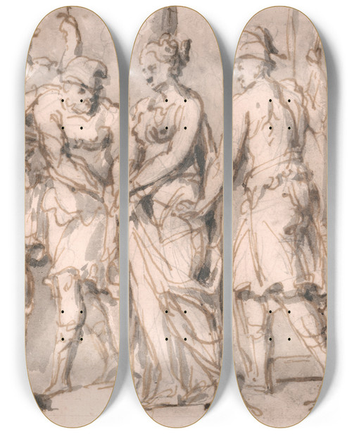 Triptych art skateboard deck of John Michael Rysbrack Sketch For The Continence Of Scipio by John Michael Rysbrack (1694-1770)