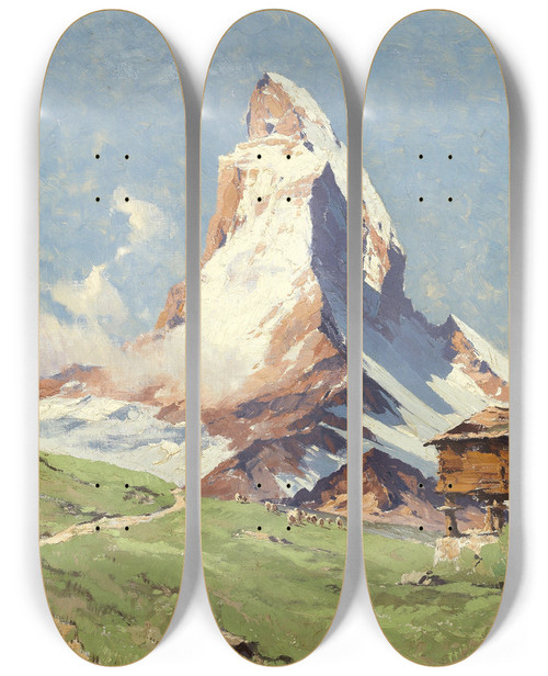 Triptych art skateboard deck of Hans Maurus Matterhorn Und Riffelsee_2 by Hans Maurus (1901-1942)