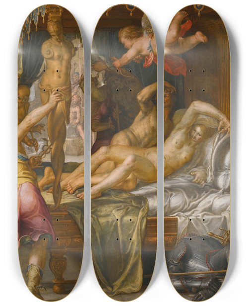 Triptych art skateboard deck of Joachim Wtewael Mars And Venus Surprised By Vulcan_3 by Joachim Wtewael (1566-1638)
