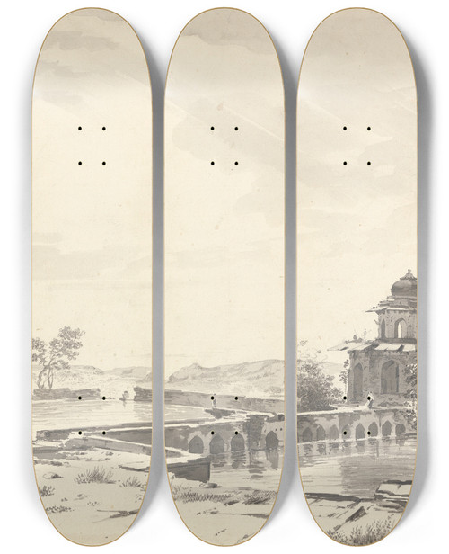 Triptych art skateboard deck of William Hodges Original Drawings For Choix De Vues De Linde And Others Pl22 by William Hodges (1744-1797)
