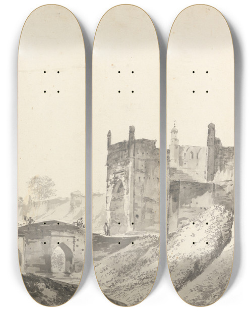 Triptych art skateboard deck of William Hodges Original Drawings For Choix De Vues De Linde And Others Pl11 by William Hodges (1744-1797)