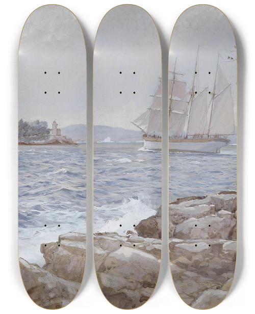 Triptych art skateboard deck of Johann Seits Aufkreuzende Schonerbark by Johann Seits (1867-1944)