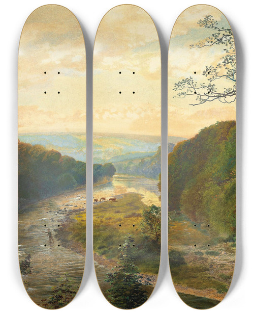 Triptych art skateboard deck of John Atkinson Grimshaw The Wharfe Valley With Barden Tower Beyond by John Atkinson Grimshaw (1836-1893)