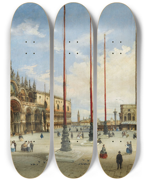 Triptych art skateboard deck of Giovanni Grubacs Vue De Venise by Giovanni Grubacs (1829-1919)