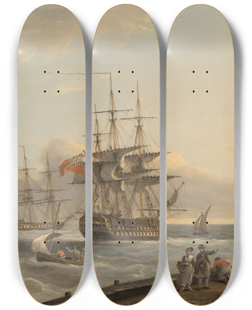 Triptych art skateboard deck of Thomas Luny A British 74 Unfurling Its Sails As It Prepares To Leave The Anchorage With A Frigate And Various Coastal Craft Beyond by Thomas Luny (1759-1837)