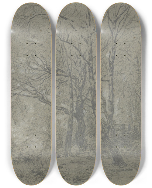 Triptych art skateboard deck of Jakob Maurer A Sapling Birch Grove by Jakob Maurer (1826-1887)