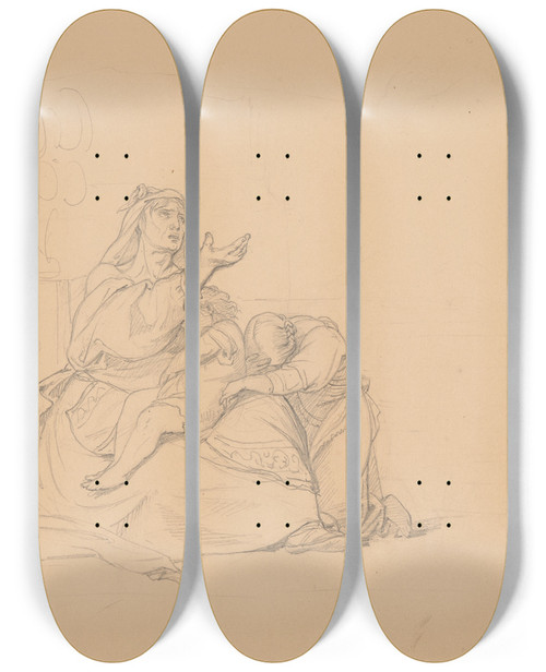 Triptych art skateboard deck of Jzef Simmler A Woman With Two Children With A Hand Extended In A Gesture Of Begging by Jozef Simmler (1823-1868)