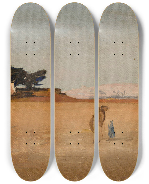 Triptych art skateboard deck of Jan Cigliski View Of The Pyramids In The Evening From The Journey To Egypt by Jan Ciaglinski (1858-1913)