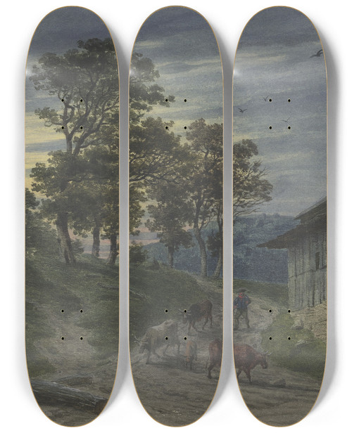 Triptych art skateboard deck of Jakob Maurer Rckkehr Der Herde Zum Stall Am Abend by Jakob Maurer (1826-1887)