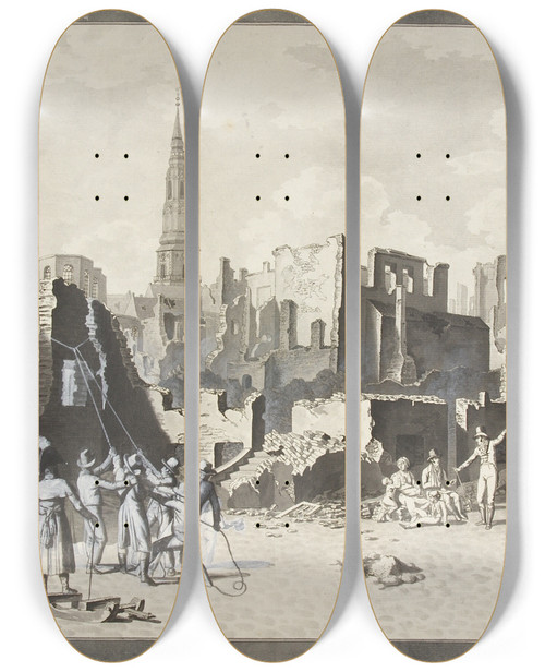 Triptych art skateboard deck of Christoffer Wilhelm Eckersberg Ulfeldts Plads Det Nuvrende Grbrdretorv Efter Englndernes Bombardement I September 1807 by Christoffer Wilhelm Eckersberg (1783-1853)