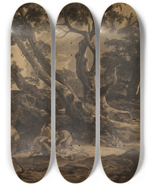 Triptych art skateboard deck of Johann Wilhelm Schirmer Der Berfall Auf Den Wanderer by Johann Wilhelm Schirmer (1807-1863)