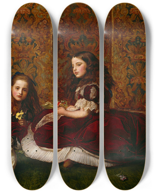Triptych art skateboard deck of Sir John Everett Millais Leisure Hours by Sir John Everett Millais (1829-1896)