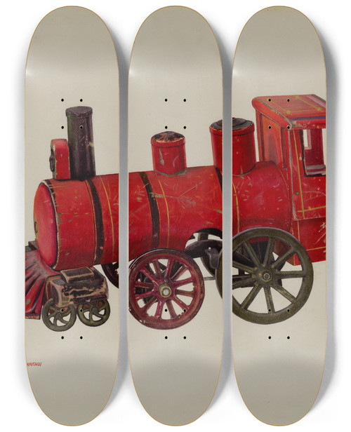 Triptych art skateboard deck of Chris Makrenos Toy Locomotive by Chris Makrenos (20-)