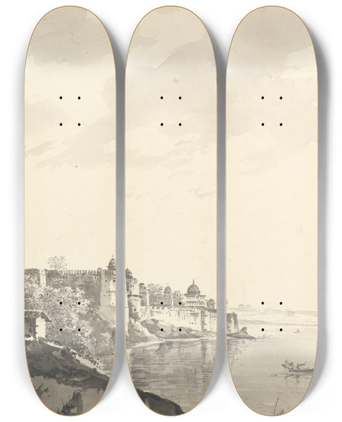 Triptych art skateboard deck of William Hodges Original Drawings For Choix De Vues De Linde And Others Pl08 by William Hodges (1744-1797)