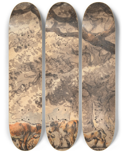 Triptych art skateboard deck of Julius Caesar Ibbetson Shelter For Cattle by Julius Caesar Ibbetson (1759-1817)
