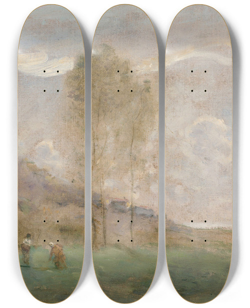 Triptych art skateboard deck of Jeanbaptistecamille Corot Paysage Dautomne Prs Dune Cte Avec Deux Personnages by Jean-Baptiste-Camille Corot (1796-1875)