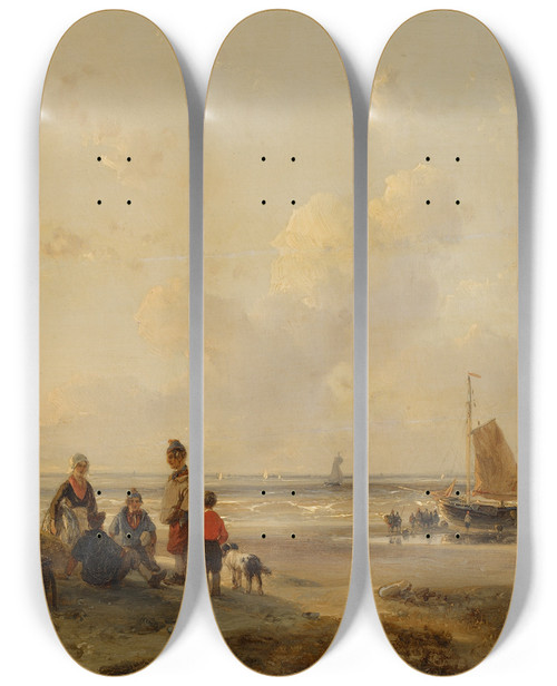 Triptych art skateboard deck of Andreas Schelfhout Rustende Vissers Op Een Strand Bij Helder Weer by Andreas Schelfhout (1787-1870)