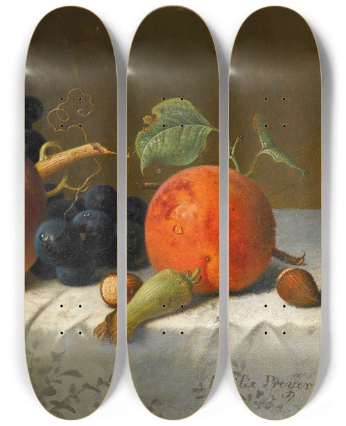 Triptych art skateboard deck of Emilie Preyer Still Life With Peach Apricot Grapes And Hazelnuts On A Tablecloth by Emilie Preyer (1849-1930)