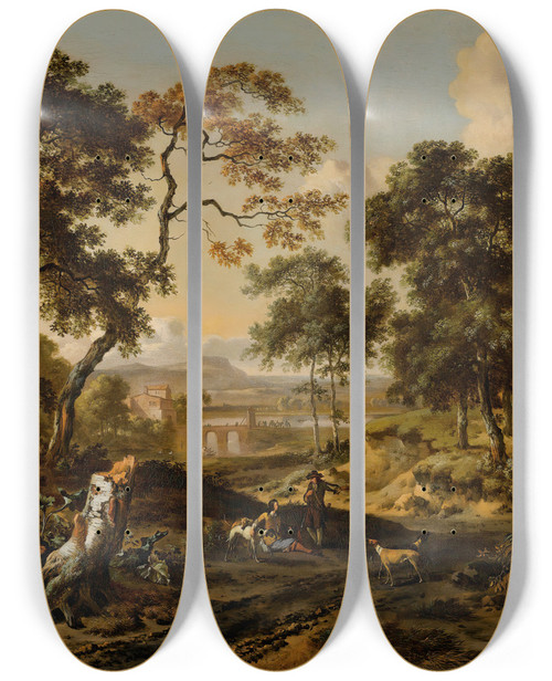 Triptych art skateboard deck of Jan Wijnants Landscape With Sportsmen Resting By A Path by Jan Wijnants (1632-1684)