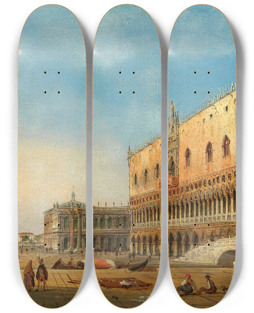 Triptych art skateboard deck of Carlo Grubacs Venice A View Of St Marks Basin And The Doges Palace In The Background Santa Maria Della Salute by Carlo Grubacs (1812-1870)