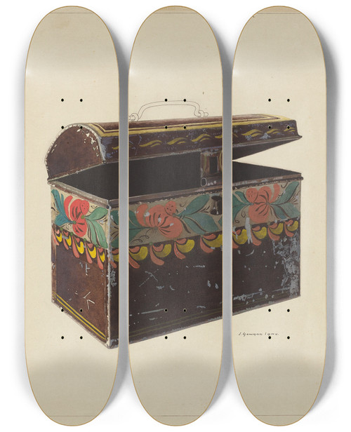Triptych art skateboard deck of J Howard Iams Toleware Document Box by J Howard Iams (20-)