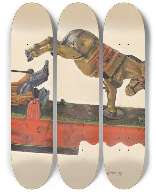 Triptych art skateboard deck of Chris Makrenos Toy Bank Figure With Mule by Chris Makrenos (20-)