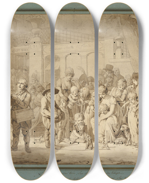 Triptych art skateboard deck of Louis Lopold Boilly Compositional Drawing For Entrance To The Jardin Turc by Louis Leopold Boilly (1761-1845)