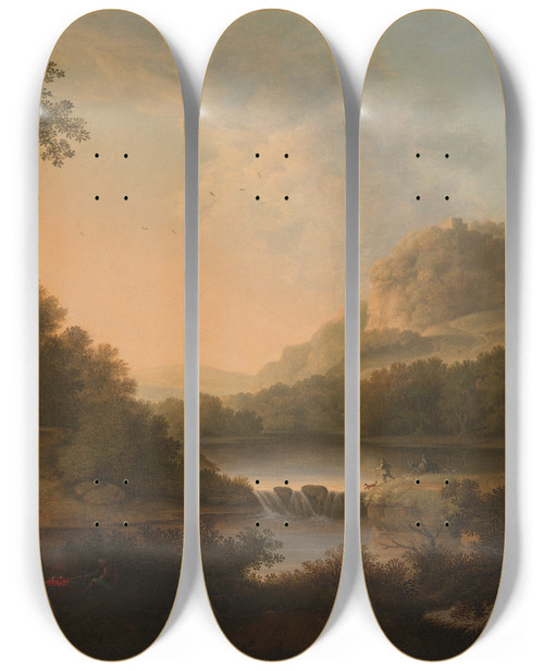 Triptych art skateboard deck of James Lambert Of Lewes Figures With A Donkey And Dog Crossing A Weir by James Lambert Of Lewes (1725-1788)