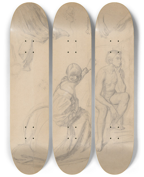 Triptych art skateboard deck of Jzef Simmler Fragment Of Composition With The Prince Figure And The Ladies Gathered Around Him For The Painting The Upbringing Of Sigismund Augustus by Jozef Simmler (1823-1868)
