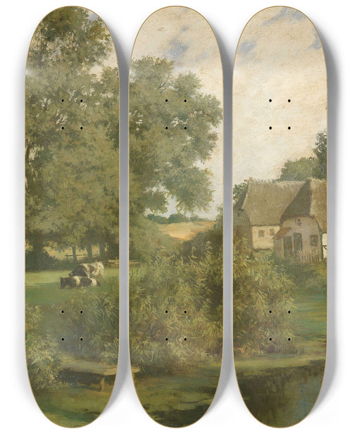 Triptych art skateboard deck of Hermann Seeger Norddeutsche Landschaft Mit Khen Und Reetgedeckten Husern by Hermann Seeger (1857-1945)