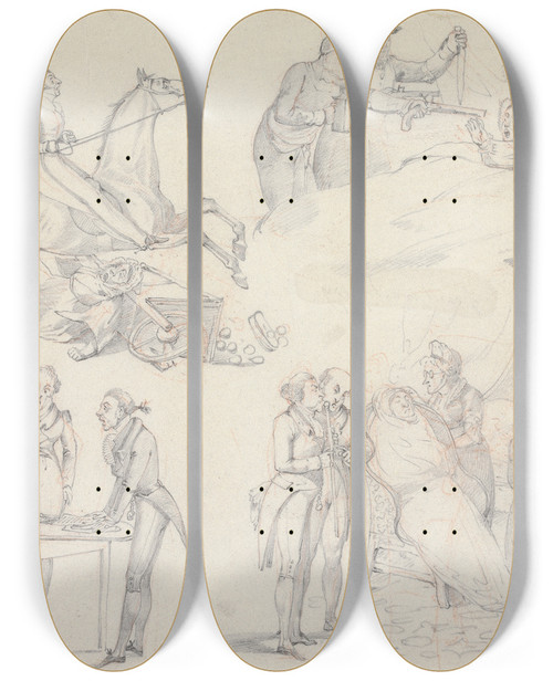 Triptych art skateboard deck of Henry Thomas Alken Symptoms Of Unwelcome Guests Of Being Off The Curb Of Cant Exactly Say No Consulation Of Physicians Of Wont Exactly Say No Consultations Of Lawyers by Henry Thomas Alken (1785-1851)