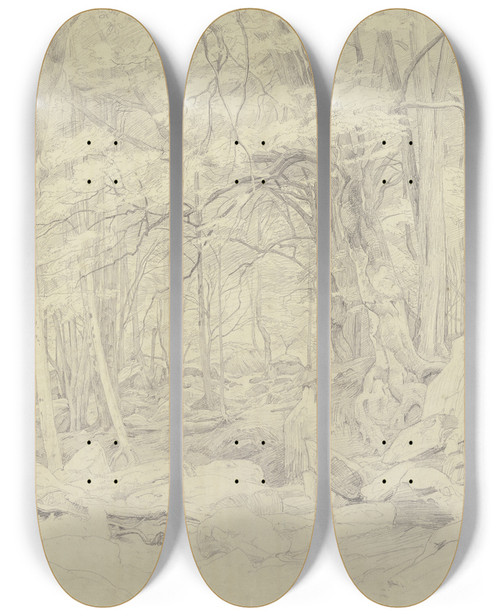 Triptych art skateboard deck of Johann Wilhelm Schirmer Waldinneres Unten Rechts Zwei Karikierte Mnnliche Profilkpfe by Johann Wilhelm Schirmer (1807-1863)