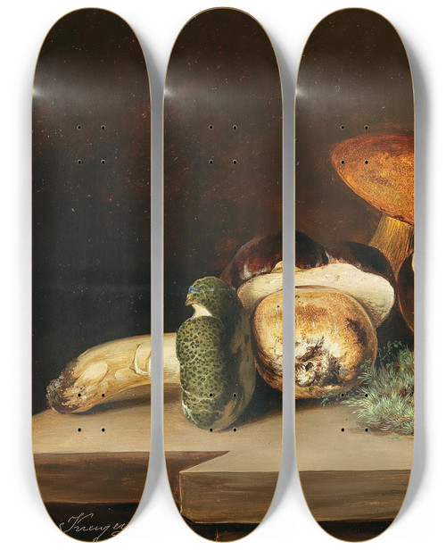 Triptych art skateboard deck of Vinzenz Kreuzer Penny Buns And Green Russula by Vinzenz Kreuzer (1809-1888)