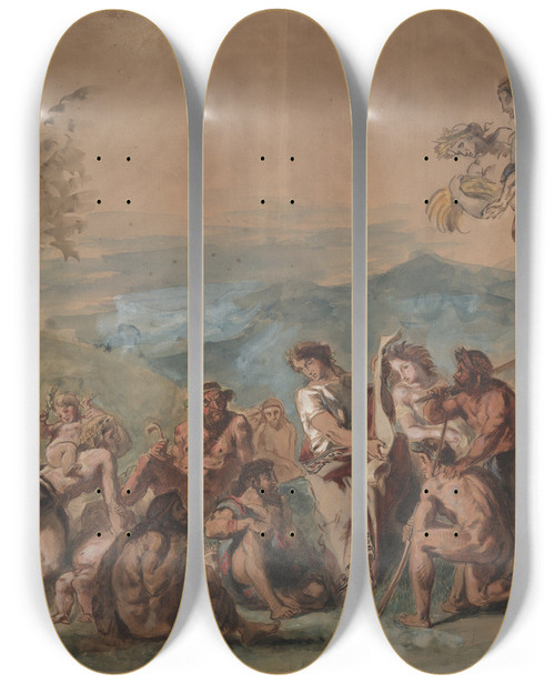Triptych art skateboard deck of Eugne Delacroix Orpheus Bringing Civilization To The Barbarian Ancestors Of Thegreeks by Eugene Delacroix (1798-1863)