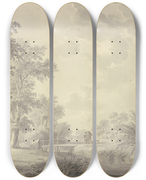 Triptych art skateboard deck of Abraham Teerlink Wiesengrund Mit Gebsch Und Bumen Ber Einen Graben Fhrt Ein Steeg Mit Einer Tr Rechts Drei Weiden by Abraham Teerlink (1776-1857)