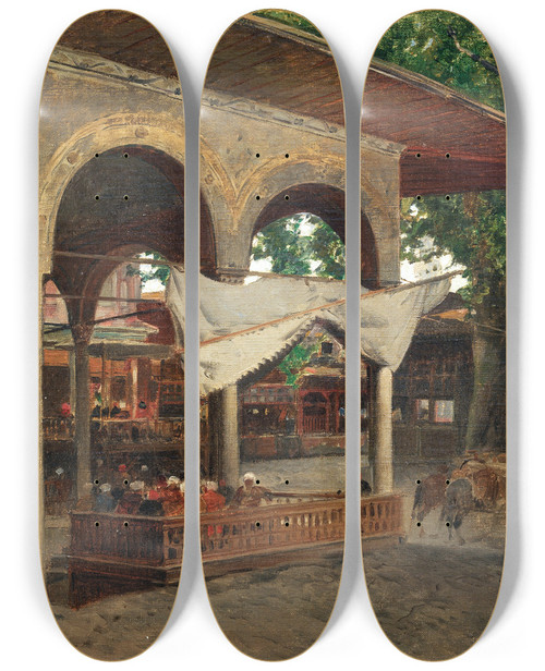 Triptych art skateboard deck of Alberto Pasini Istanbul Under A Portico In Beykoz by Alberto Pasini (1826-1899)