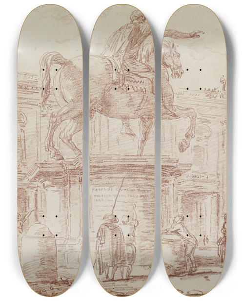 Triptych art skateboard deck of Hubert Robert Die Reiterstatue Marc Aurels Und Der Konservatorenpalast In Rom by Hubert Robert (1733-1808)