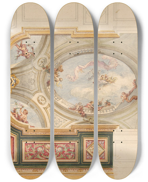 Triptych art skateboard deck of Julesedmondcharles Lachaise Design For A Ceiling In Baroque Style With A Central Panel In Trompe Loeil by Jules-Edmond-Charles Lachaise (1897)