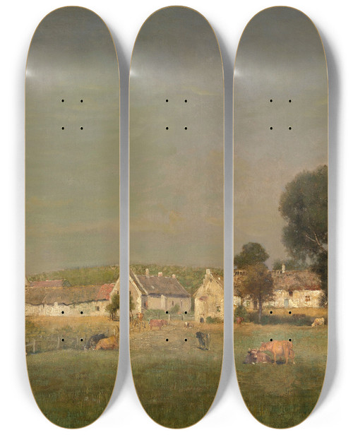 Triptych art skateboard deck of Alfred De Knyff The Village Chaslepont by Alfred De Knyff