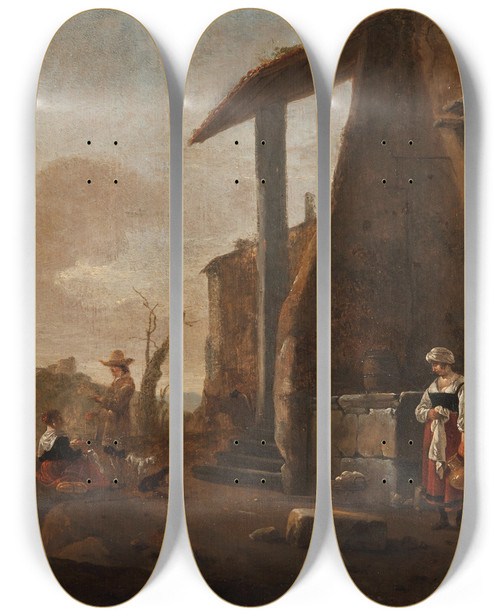 Triptych art skateboard deck of Thomas Wijck Maidservants Washing Laundry And Another Maid Selling Apples In A Courtyard A Hilly Landscape Beyond by Thomas Wijck (1616-1677)