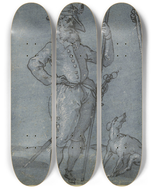 Triptych art skateboard deck of Jost Amman Zwei Stehende Krieger Auf Ihre Lanzen Gesttzt Zwischen Ihnen Ein Hund by Jost Amman (1539-1591)