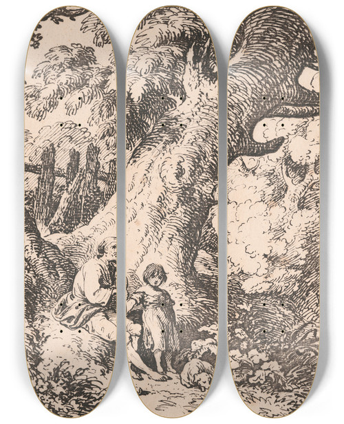 Triptych art skateboard deck of Richard Corbould Old Trees With Old Man Child And Dog by Richard Corbould (1757-1831)