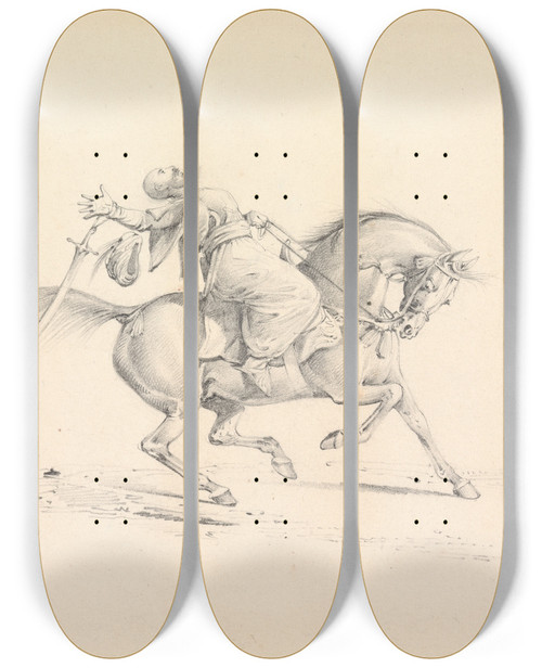 Triptych art skateboard deck of Henry Thomas Alken Wounded Turkish Cavalryman In Danger Of Failling From His Horse by Henry Thomas Alken (1785-1851)