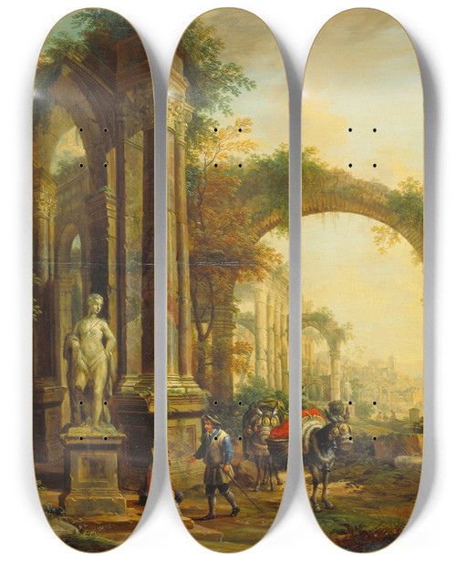 Triptych art skateboard deck of Christian Georg Schtz The Elder Landscape With Ancient Ruins And Two Pack Mules by Christian Georg Schtz the elder (1718-1791)