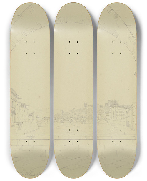 Triptych art skateboard deck of Friedrich Wilhelm Ludwig Der Ponte Alle Grazie In Florenz Vom Ponto Vecchio Aus Gesehen by Friedrich Wilhelm Ludwig (1828)