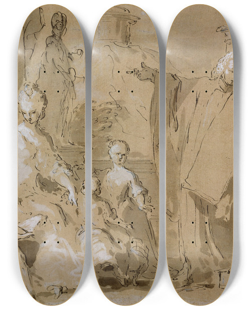 Triptych art skateboard deck of Pietro Antonio Novelli A Venetian Family Portrait Group by Pietro Antonio Novelli (1729-1804)
