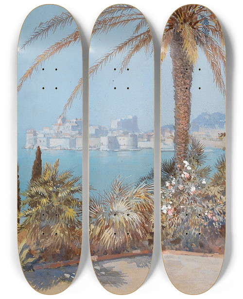 Triptych art skateboard deck of Johann Seits Blick Auf Dubrovnik by Johann Seits (1867-1944)