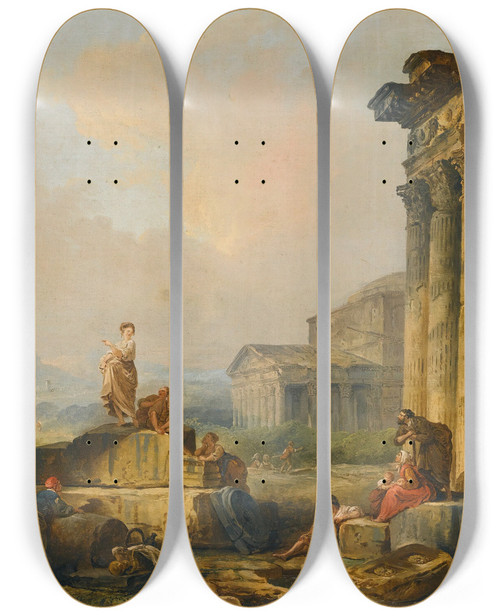 Triptych art skateboard deck of Hubert Robert A Landscape With Shepherds And Shepherdesses Among Ancient Ruins With The Statue Of Castor And Pollux And The Pantheon Beyond by Hubert Robert (1733-1808)