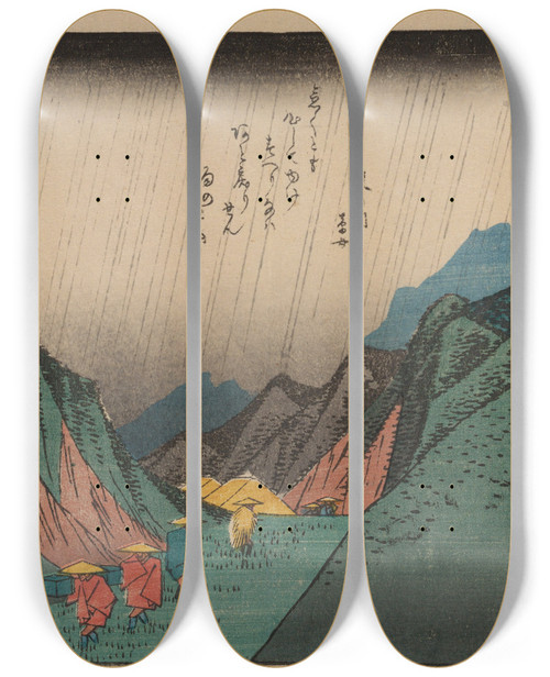 Triptych art skateboard deck of And Hiroshige Tokaido Gojusantsugi Pl50 by Ando Hiroshige (1797-1858)
